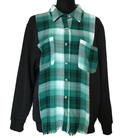 Upcycled Flannel Shirt: Green Plaid Sweatshirt, Button-Down Sweater, Size M - Picture 6 of 11